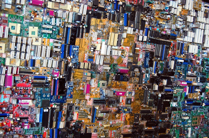 Various circuit boards and other computer parts are collaged in ''Binary  Chair 01'' by the artist, Stock Photo, Picture And Rights Managed Image.  Pic. Y9H-2093459